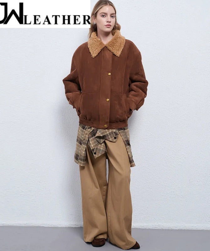 Women’s Brown Suede Leather Jacket – Shearling Collar Winter Bomber | Soft Suede Outerwear | Warm Casual Fashion Coat