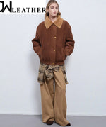 Women’s Brown Suede Leather Jacket – Shearling Collar Winter Bomber | Soft Suede Outerwear | Warm Casual Fashion Coat