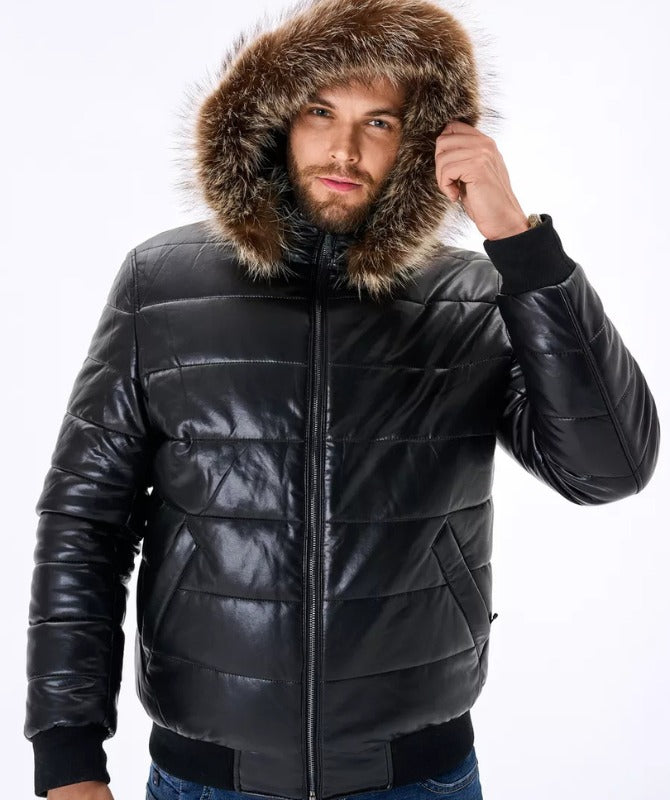 Men’s Black Faux Leather Puffer Jacket with Fur Hood | Winter Warm Bomber Jacket