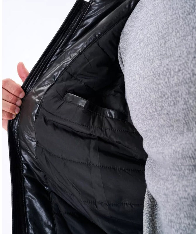 Men’s Black Faux Leather Puffer Jacket with Fur Hood | Winter Warm Bomber Jacket