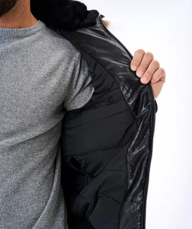 Men’s Black Faux Leather Puffer Jacket with Fur Hood | Winter Warm Bomber Jacket