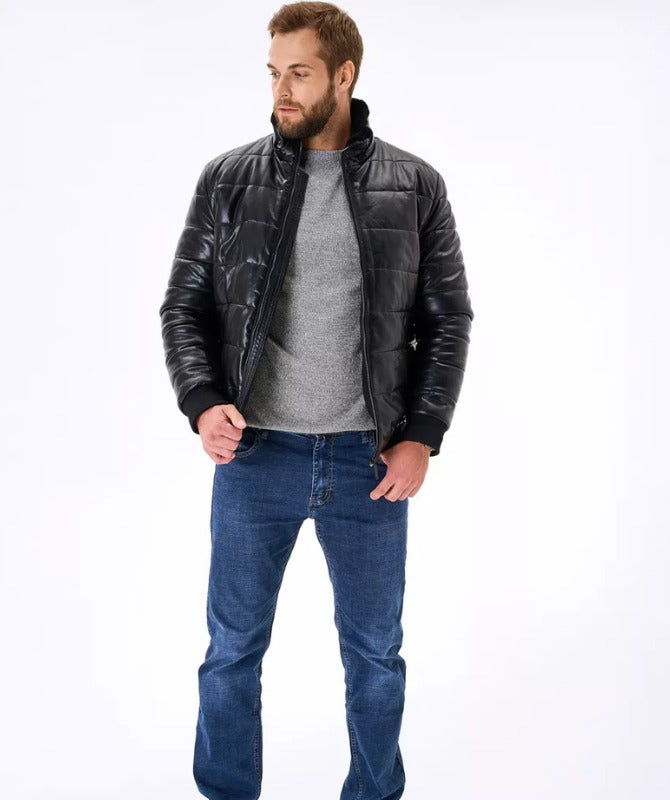 Men’s Black Faux Leather Puffer Jacket with Fur Hood | Winter Warm Bomber Jacket