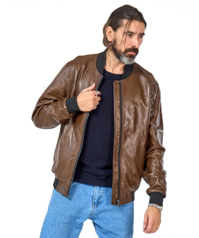Men’s Classic Brown Faux Leather Bomber Jacket | Stylish Casual Outerwear