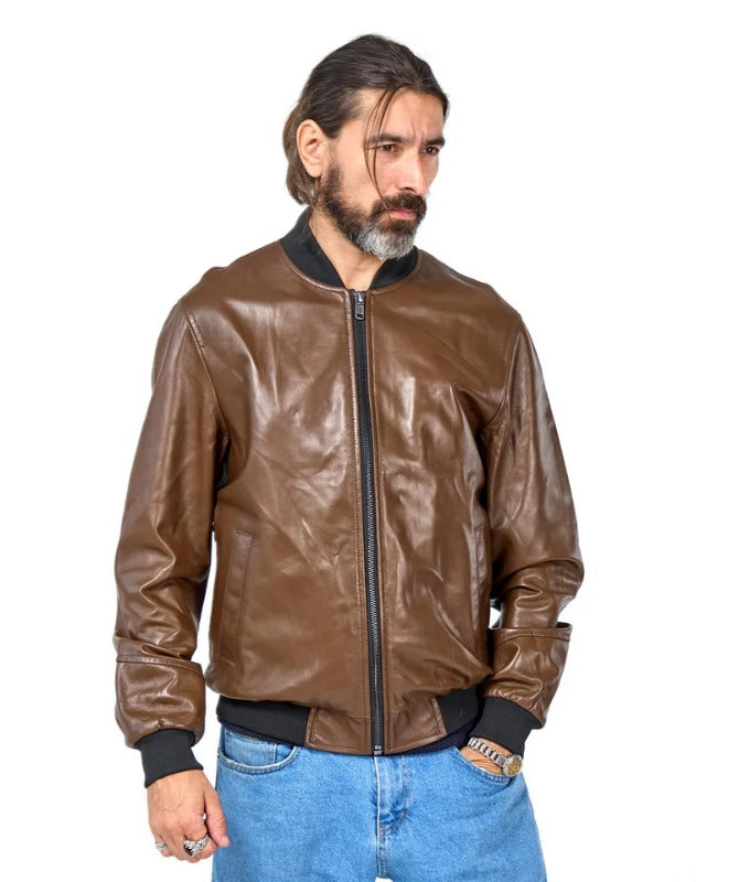 Men’s Classic Brown Faux Leather Bomber Jacket | Stylish Casual Outerwear
