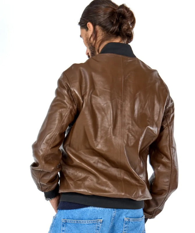 Men’s Classic Brown Faux Leather Bomber Jacket | Stylish Casual Outerwear