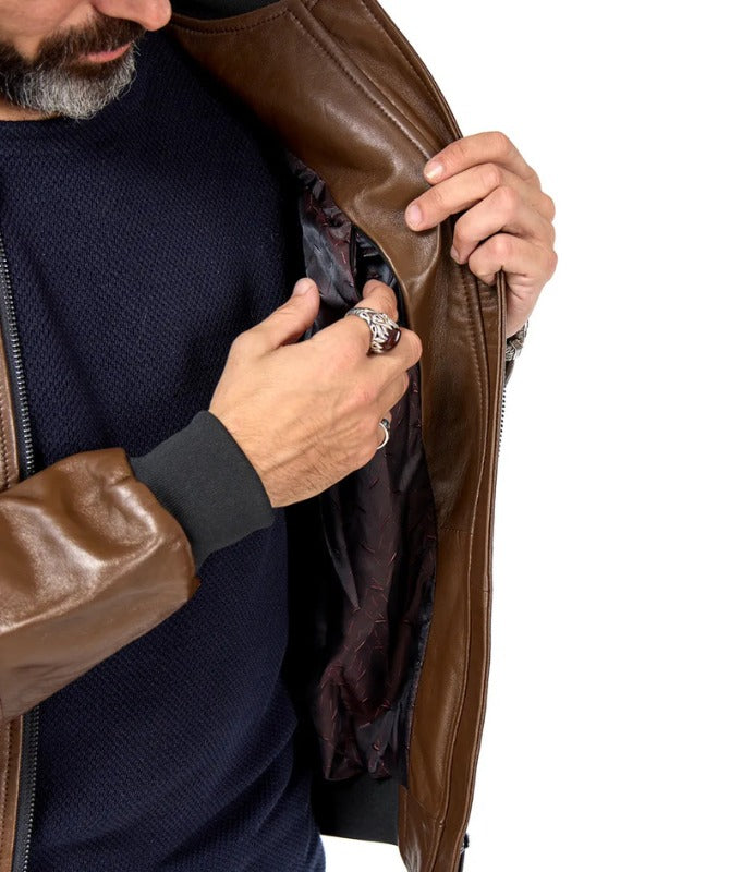 Men’s Classic Brown Faux Leather Bomber Jacket | Stylish Casual Outerwear