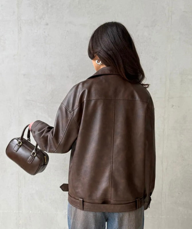 Dark Brown Women's Biker Jacket – Genuine Sheep Leather Streetwear Style