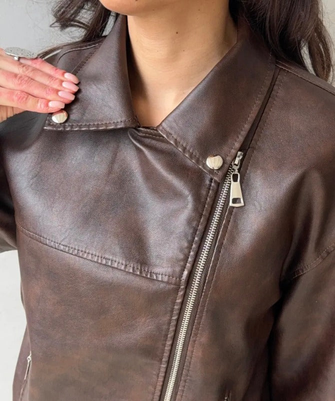 Dark Brown Women's Biker Jacket – Genuine Sheep Leather Streetwear Style