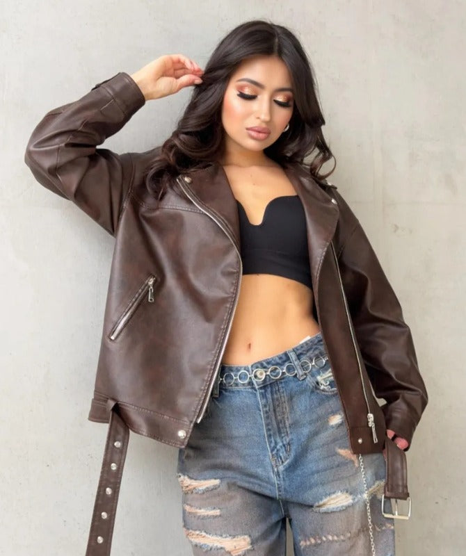 Dark Brown Women's Biker Jacket – Genuine Sheep Leather Streetwear Style