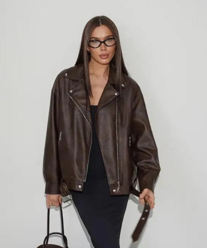 Women’s Oversized Dark Brown Genuine Sheep Leather Biker Jacket – Premium Moto Style