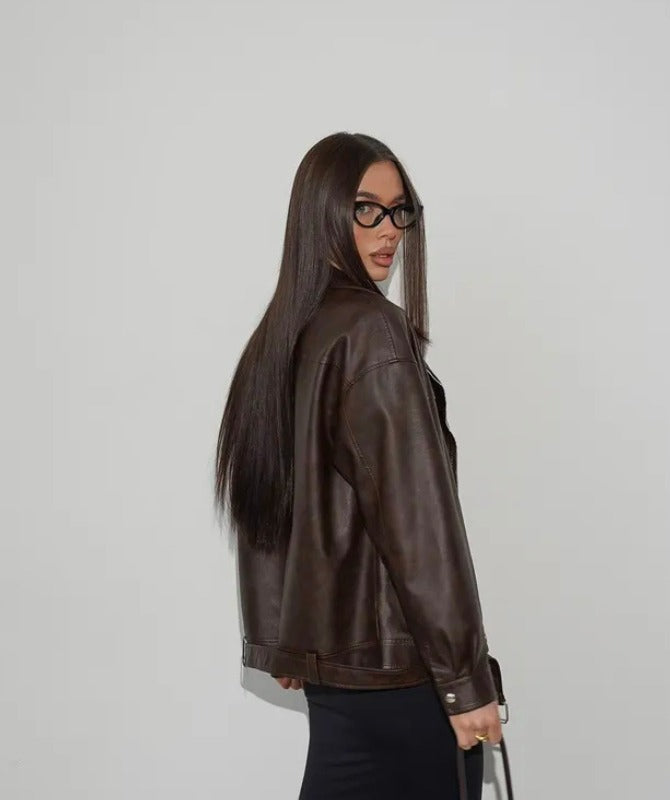 Women’s Oversized Dark Brown Genuine Sheep Leather Biker Jacket – Premium Moto Style