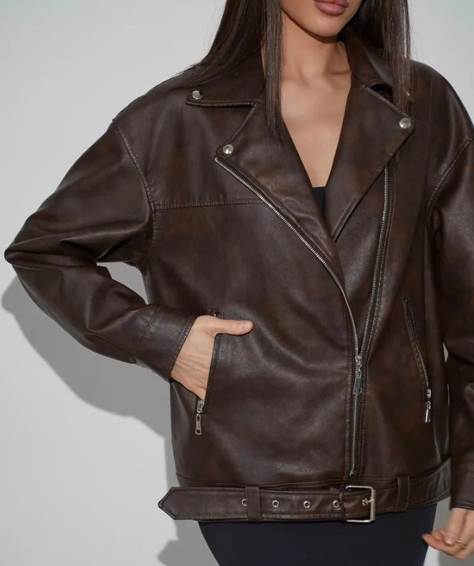 Women’s Oversized Dark Brown Genuine Sheep Leather Biker Jacket – Premium Moto Style