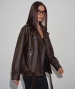 Women’s Oversized Dark Brown Genuine Sheep Leather Biker Jacket – Premium Moto Style