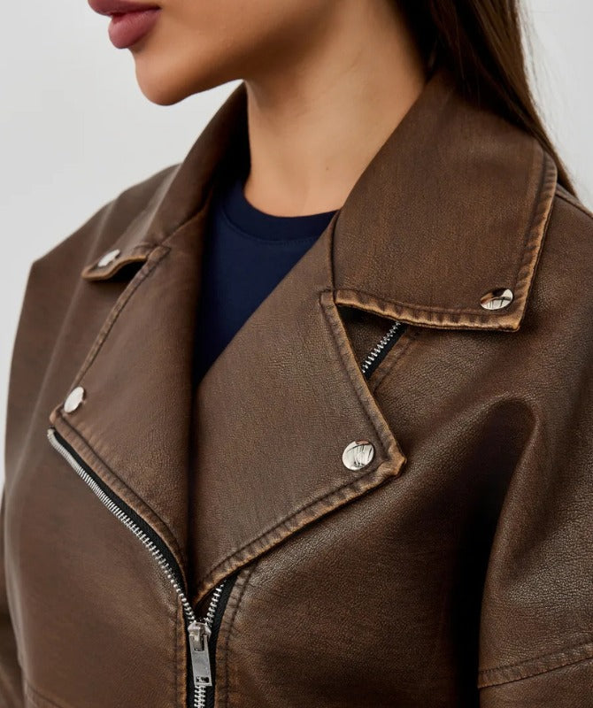 Women’s Brown Sheep Leather Biker Jacket – Classic Genuine Leather Outerwear