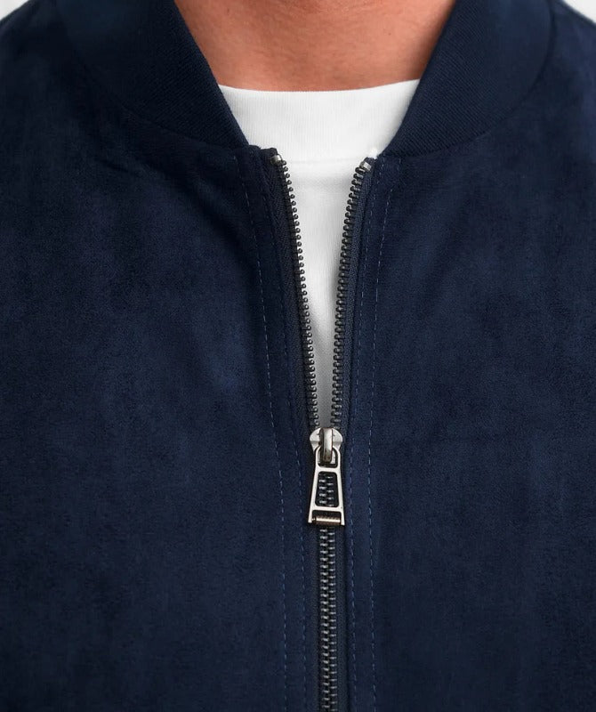 Men’s Navy Suede Leather Bomber Jacket – Classic Soft Touch Casual Style | Premium Suede Outerwear