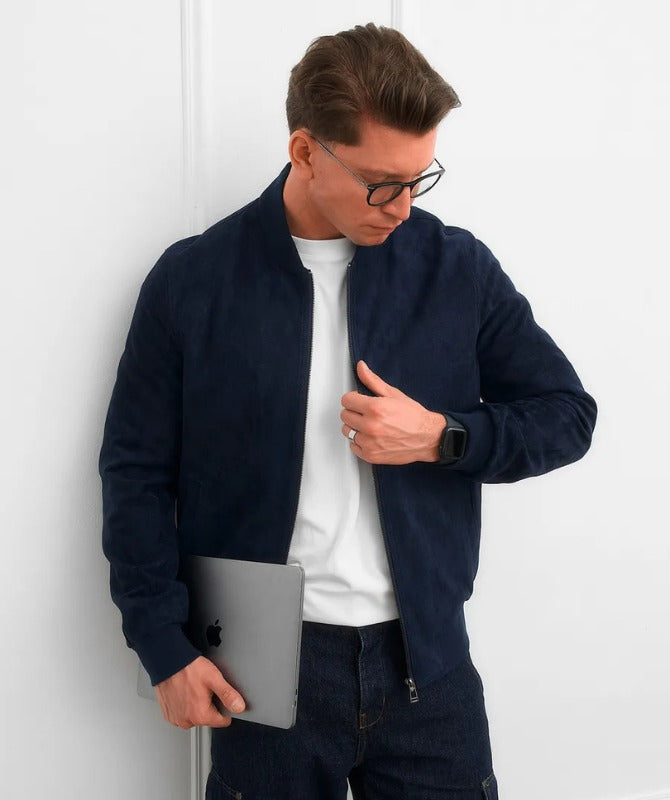 Men’s Navy Suede Leather Bomber Jacket – Classic Soft Touch Casual Style | Premium Suede Outerwear