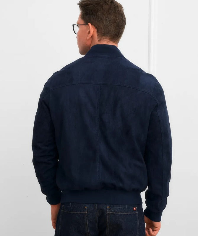 Men’s Navy Suede Leather Bomber Jacket – Classic Soft Touch Casual Style | Premium Suede Outerwear