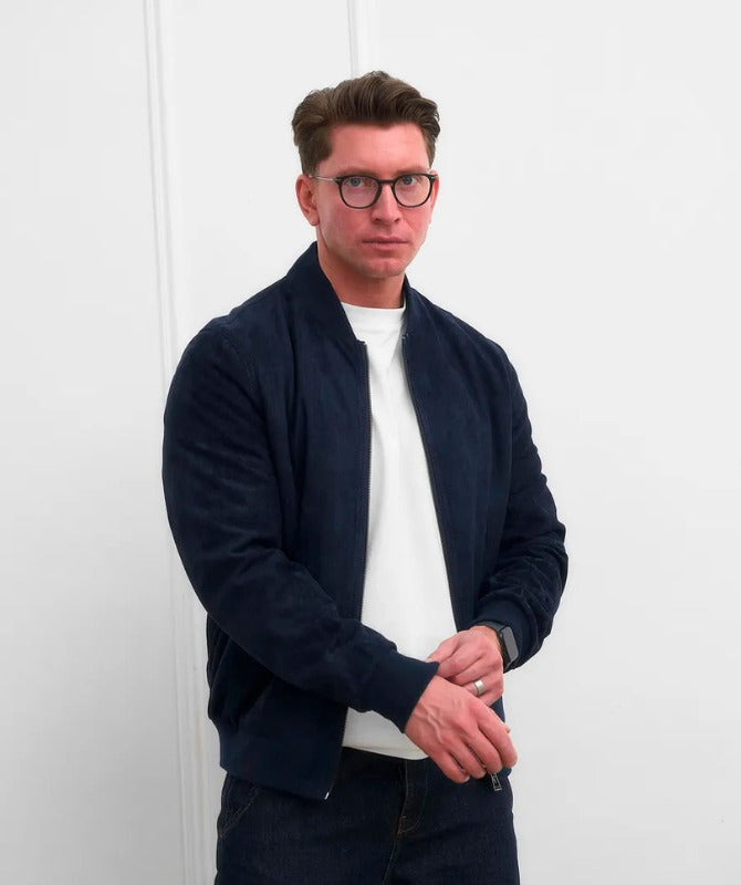 Men’s Navy Suede Leather Bomber Jacket – Classic Soft Touch Casual Style | Premium Suede Outerwear