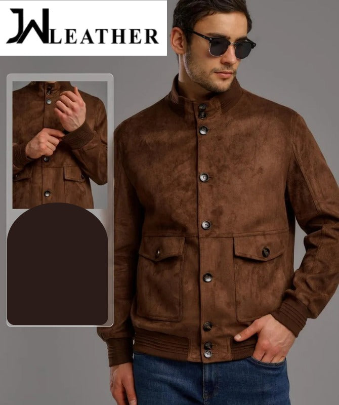 Men’s Brown Suede Leather Jacket – Vintage Button-Up Classic Style | Premium Soft Suede Outerwear by JW Leather