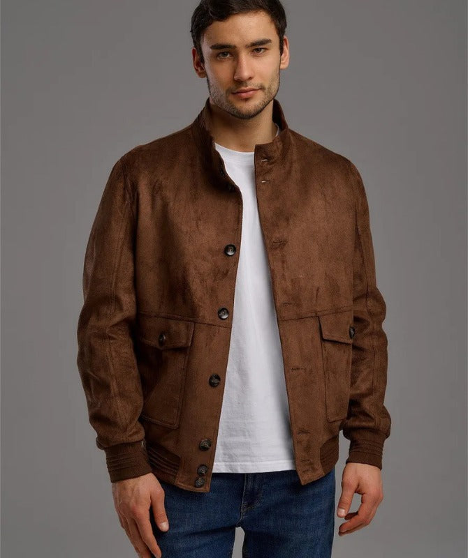 Men’s Brown Suede Leather Jacket – Vintage Button-Up Classic Style | Premium Soft Suede Outerwear by JW Leather