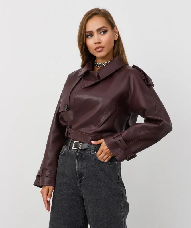Women’s Cropped Maroon Sheep Leather Jacket – Trendy Belted Genuine Leather Outerwear