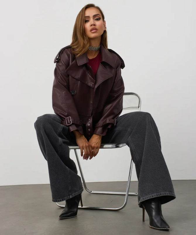 Women’s Cropped Maroon Sheep Leather Jacket – Trendy Belted Genuine Leather Outerwear