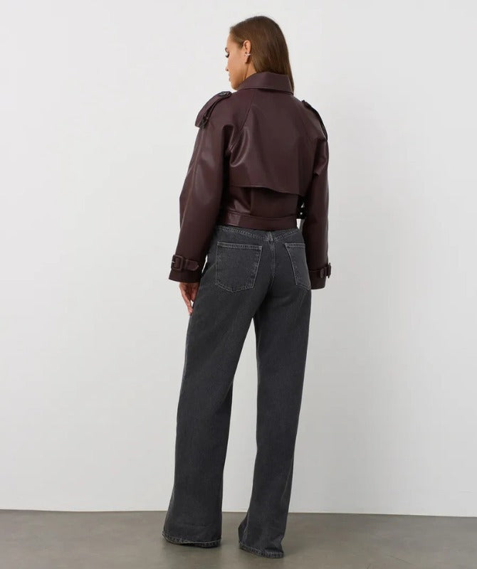 Women’s Cropped Maroon Sheep Leather Jacket – Trendy Belted Genuine Leather Outerwear