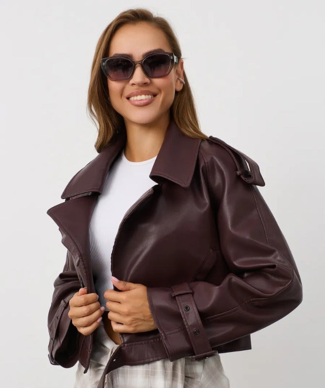 Women’s Cropped Maroon Sheep Leather Jacket – Trendy Belted Genuine Leather Outerwear