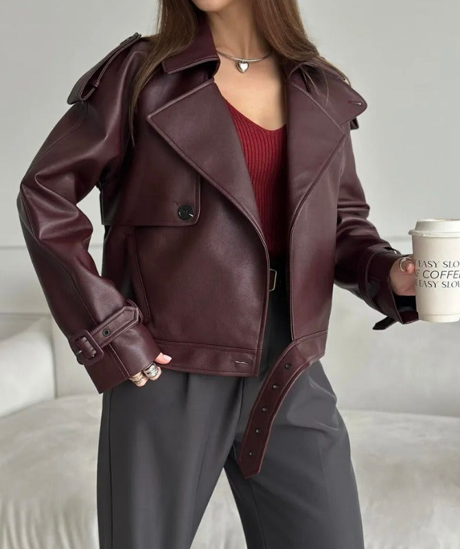 Women’s Maroon Sheep Leather Jacket – Elegant Biker Style Genuine Leather Outerwear