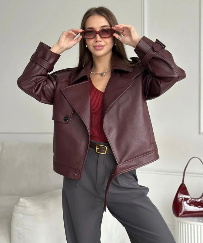 Women’s Maroon Sheep Leather Jacket – Elegant Biker Style Genuine Leather Outerwear