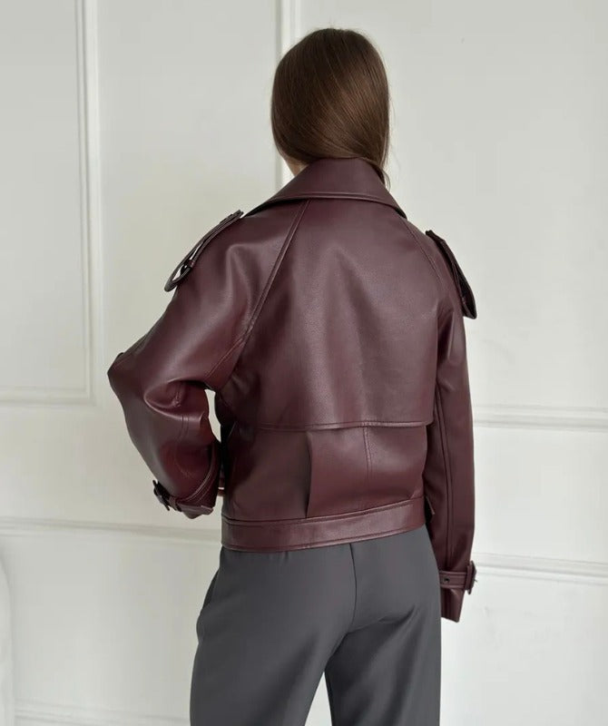 Women’s Maroon Sheep Leather Jacket – Elegant Biker Style Genuine Leather Outerwear