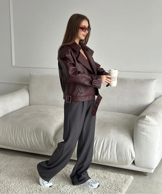 Women’s Maroon Sheep Leather Jacket – Elegant Biker Style Genuine Leather Outerwear