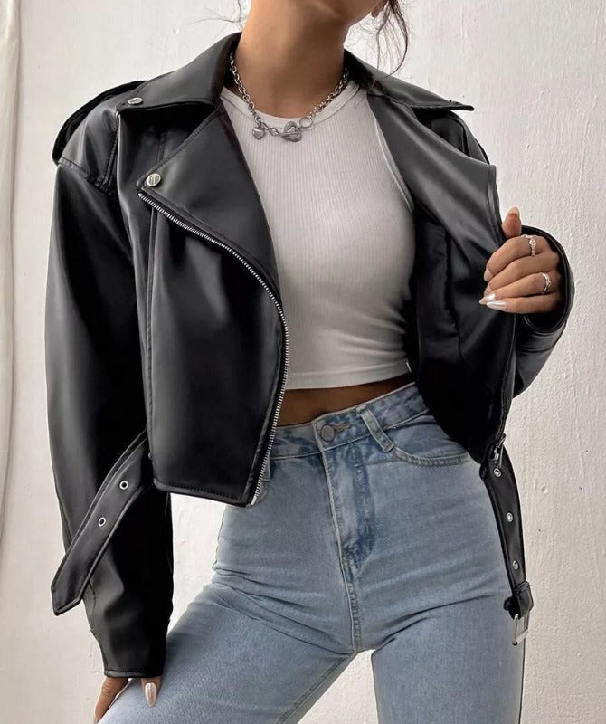 Women’s Cropped Black Sheep Leather Jacket – Classic Biker Style Genuine Leather Outerwear