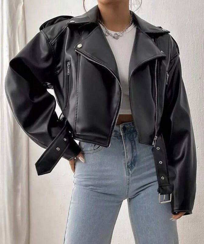 Women’s Cropped Black Sheep Leather Jacket – Classic Biker Style Genuine Leather Outerwear