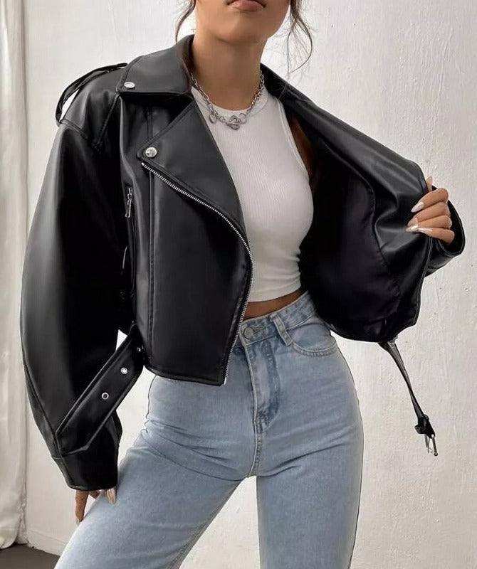 Women’s Cropped Black Sheep Leather Jacket – Classic Biker Style Genuine Leather Outerwear