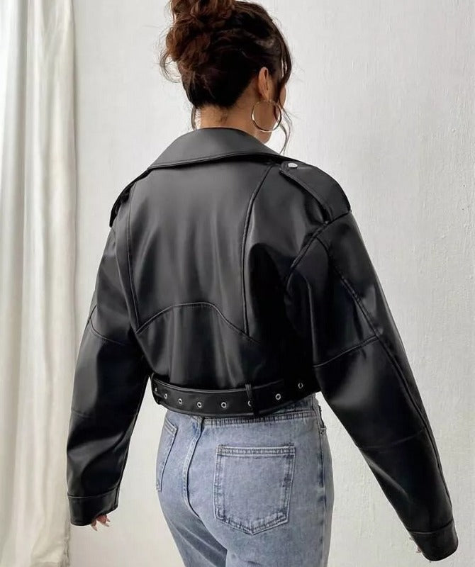 Women’s Cropped Black Sheep Leather Jacket – Classic Biker Style Genuine Leather Outerwear