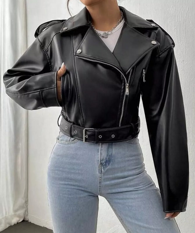 Women’s Cropped Black Sheep Leather Jacket – Classic Biker Style Genuine Leather Outerwear