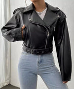 Women’s Cropped Black Sheep Leather Jacket – Classic Biker Style Genuine Leather Outerwear