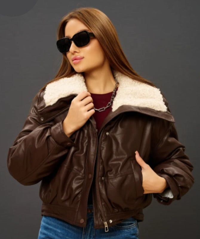 Women’s Brown Shearling Collar Leather Jacket – Genuine Sheep Leather Winter Bomber