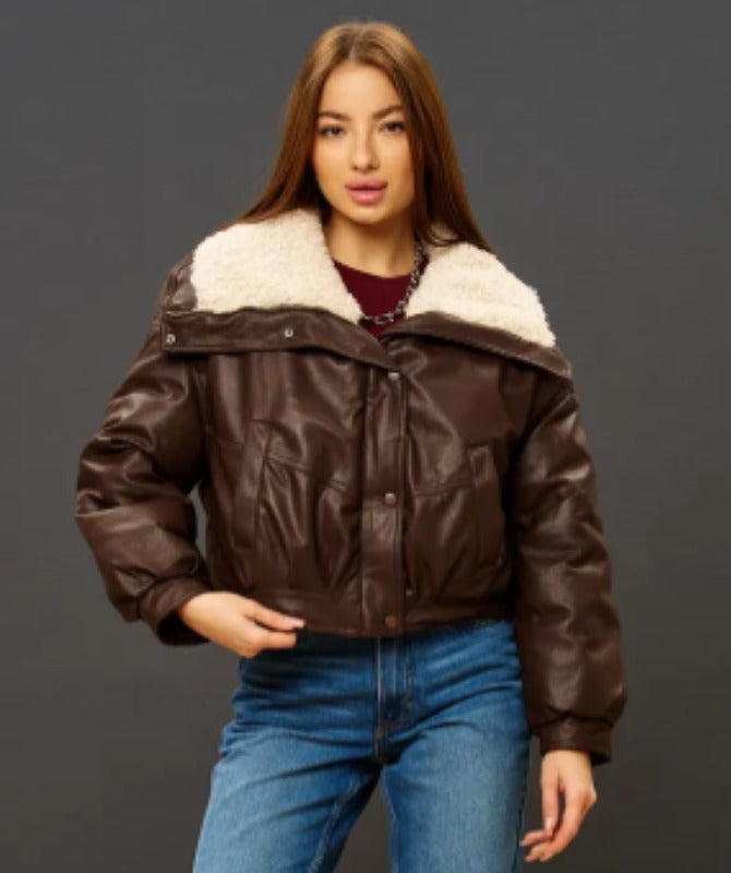 Women’s Brown Shearling Collar Leather Jacket – Genuine Sheep Leather Winter Bomber