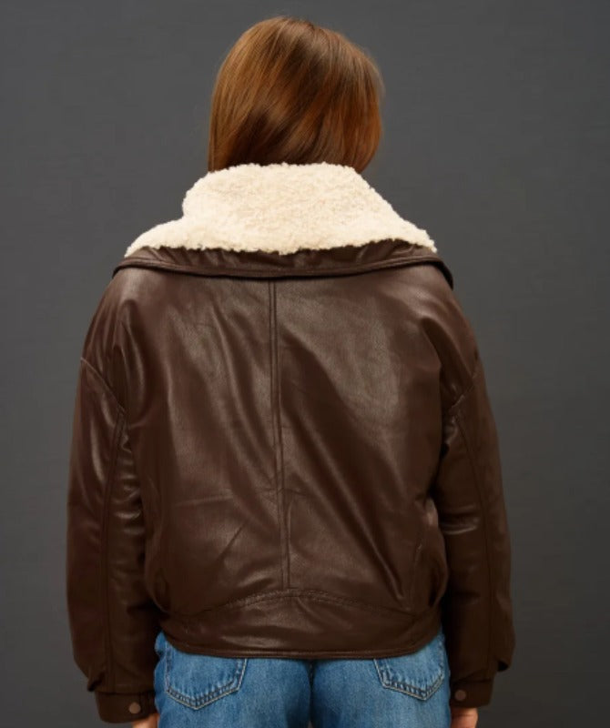 Women’s Brown Shearling Collar Leather Jacket – Genuine Sheep Leather Winter Bomber