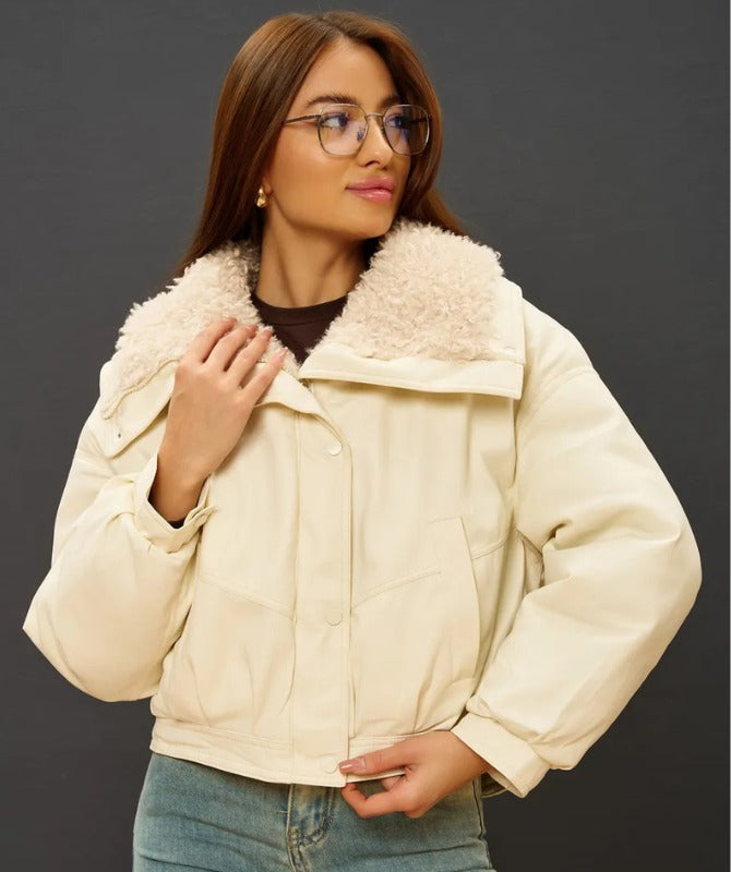 Women’s Cream Shearling Collar Leather Jacket – Genuine Sheep Leather Winter Bomber