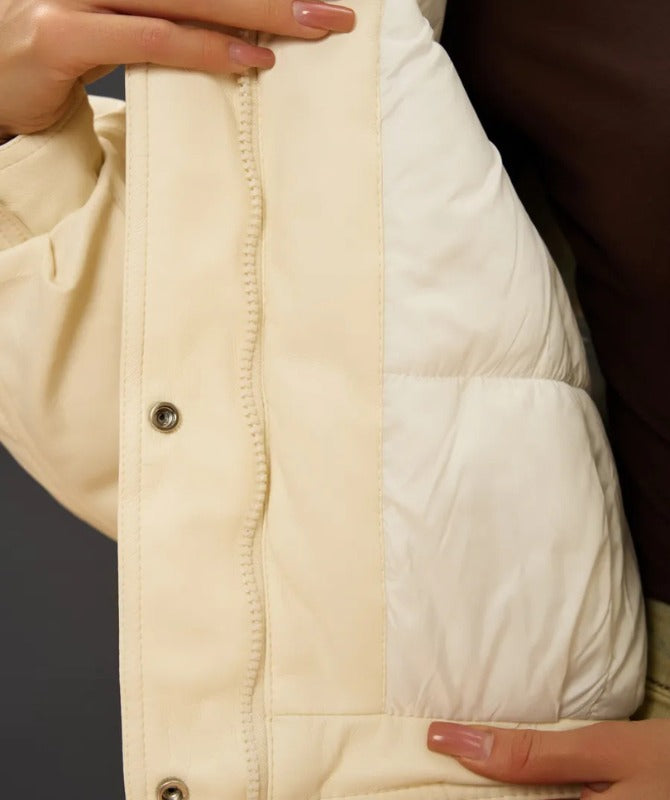 Women’s Cream Shearling Collar Leather Jacket – Genuine Sheep Leather Winter Bomber