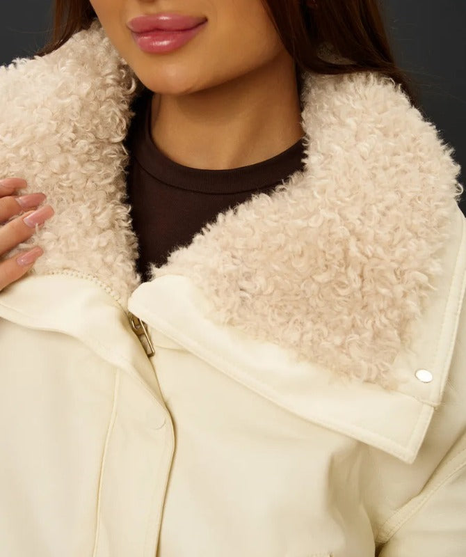 Women’s Cream Shearling Collar Leather Jacket – Genuine Sheep Leather Winter Bomber