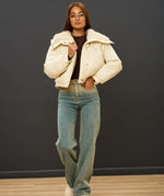 Women’s Cream Shearling Collar Leather Jacket – Genuine Sheep Leather Winter Bomber