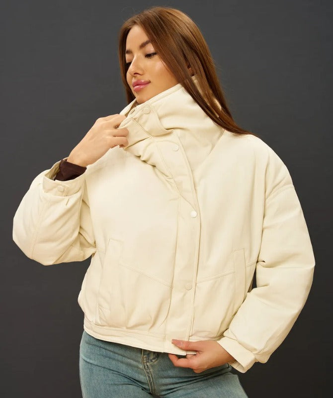 Women’s Cream Shearling Collar Leather Jacket – Genuine Sheep Leather Winter Bomber