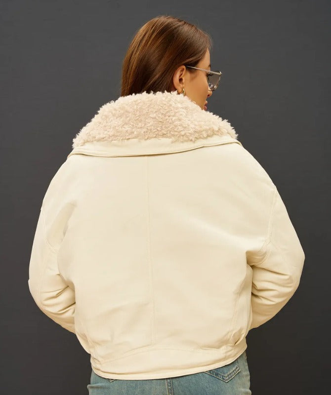 Women’s Cream Shearling Collar Leather Jacket – Genuine Sheep Leather Winter Bomber