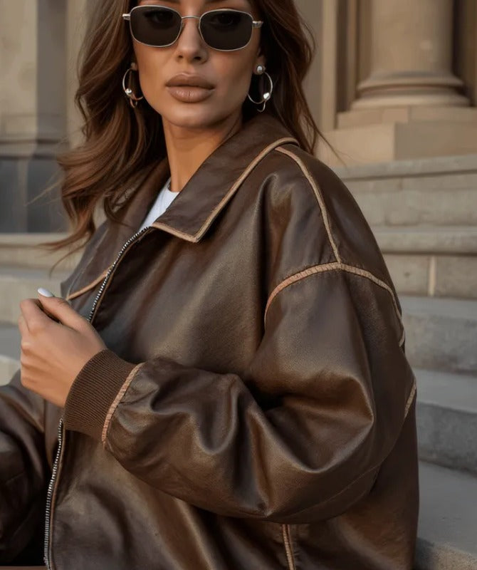 Women’s Oversized Brown Leather Jacket – 100% Genuine Sheep Leather Streetwear Style