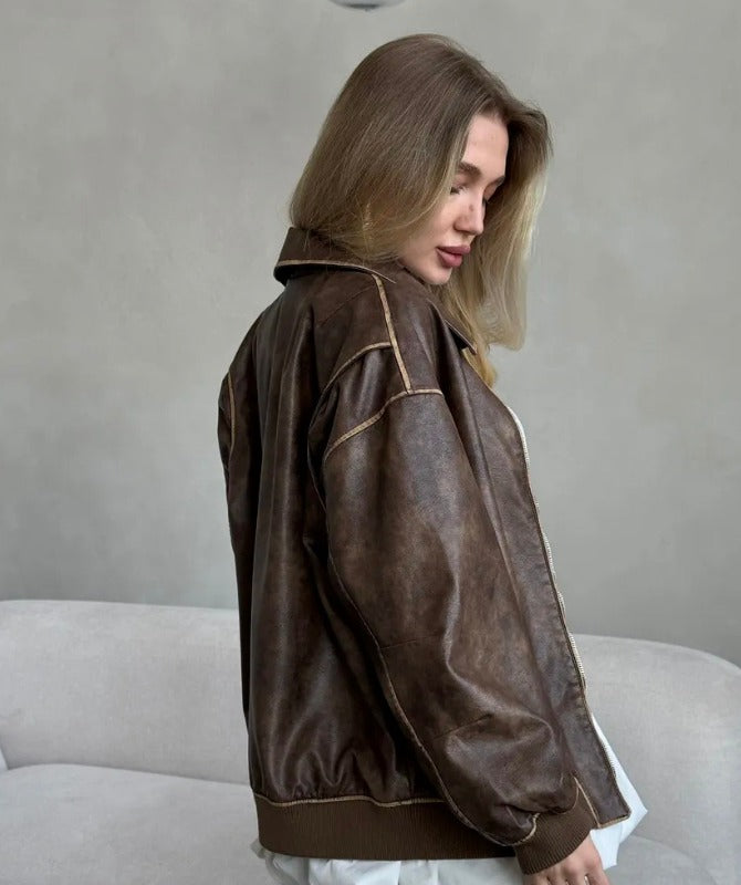 Women’s Oversized Brown Leather Jacket – 100% Genuine Sheep Leather Streetwear Style