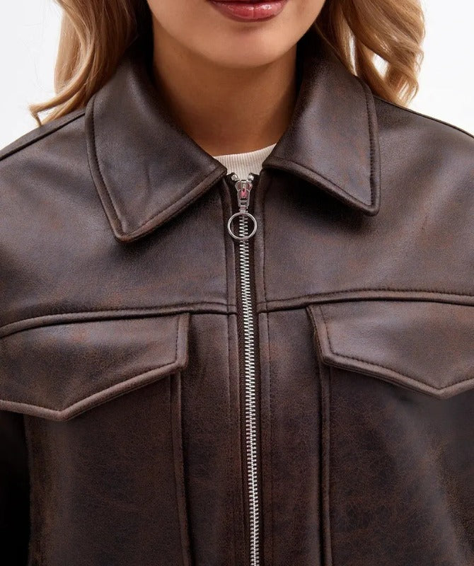 Women’s Brown Cropped Leather Jacket – 100% Genuine Sheep Leather | Trendy Streetwear Style